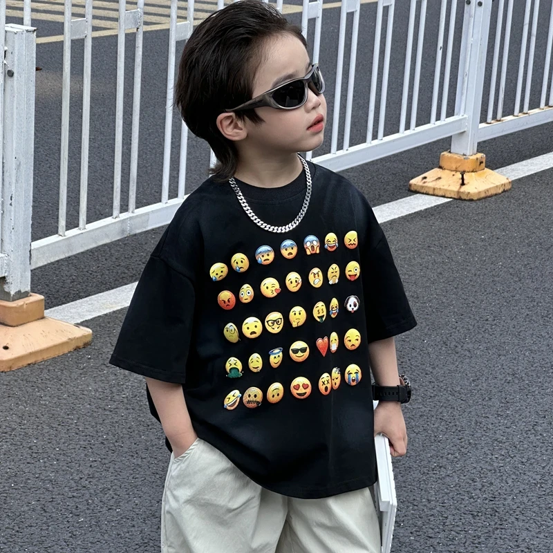 儿童夏季薄款短袖宽松T恤中大童韩版洋气男女童百搭印花表情上衣