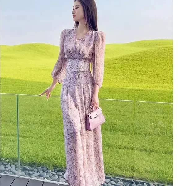 2025春夏时尚新款美女仙气垂感气质上衣度假粉色碎花阔腿裤两件套