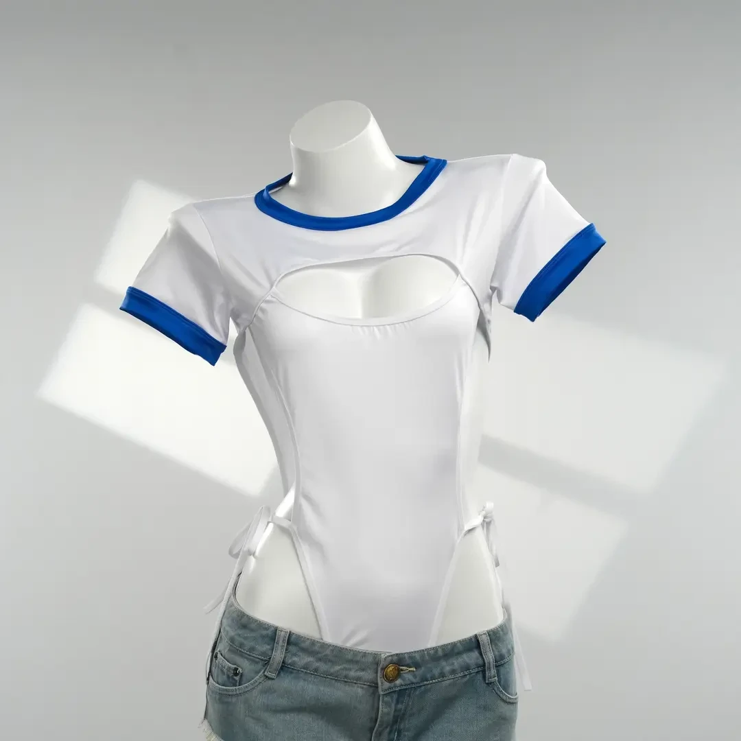 520温存【90-220斤】显瘦气质白蓝撞色时尚女款拼色连体睡裙