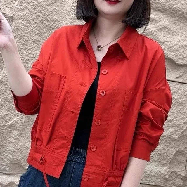 中年女装春秋季新款纯色短外套休闲妈妈装宽松大码翻领上衣薄款