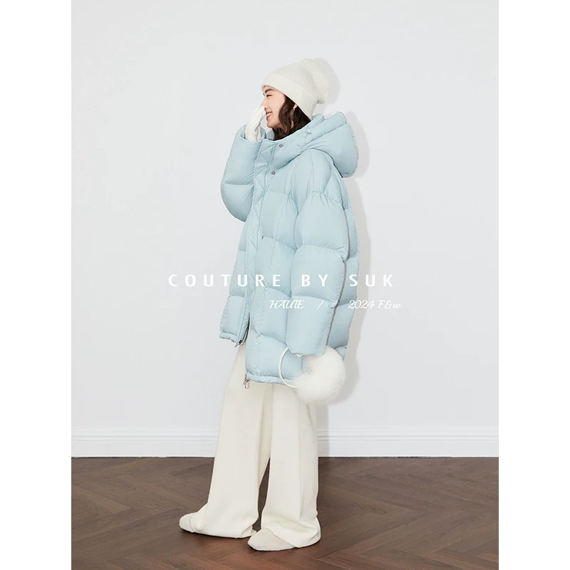 SUK【冰岛苔原】90白鹅绒连帽中长款宽松时尚泡芙羽绒服女SK4715