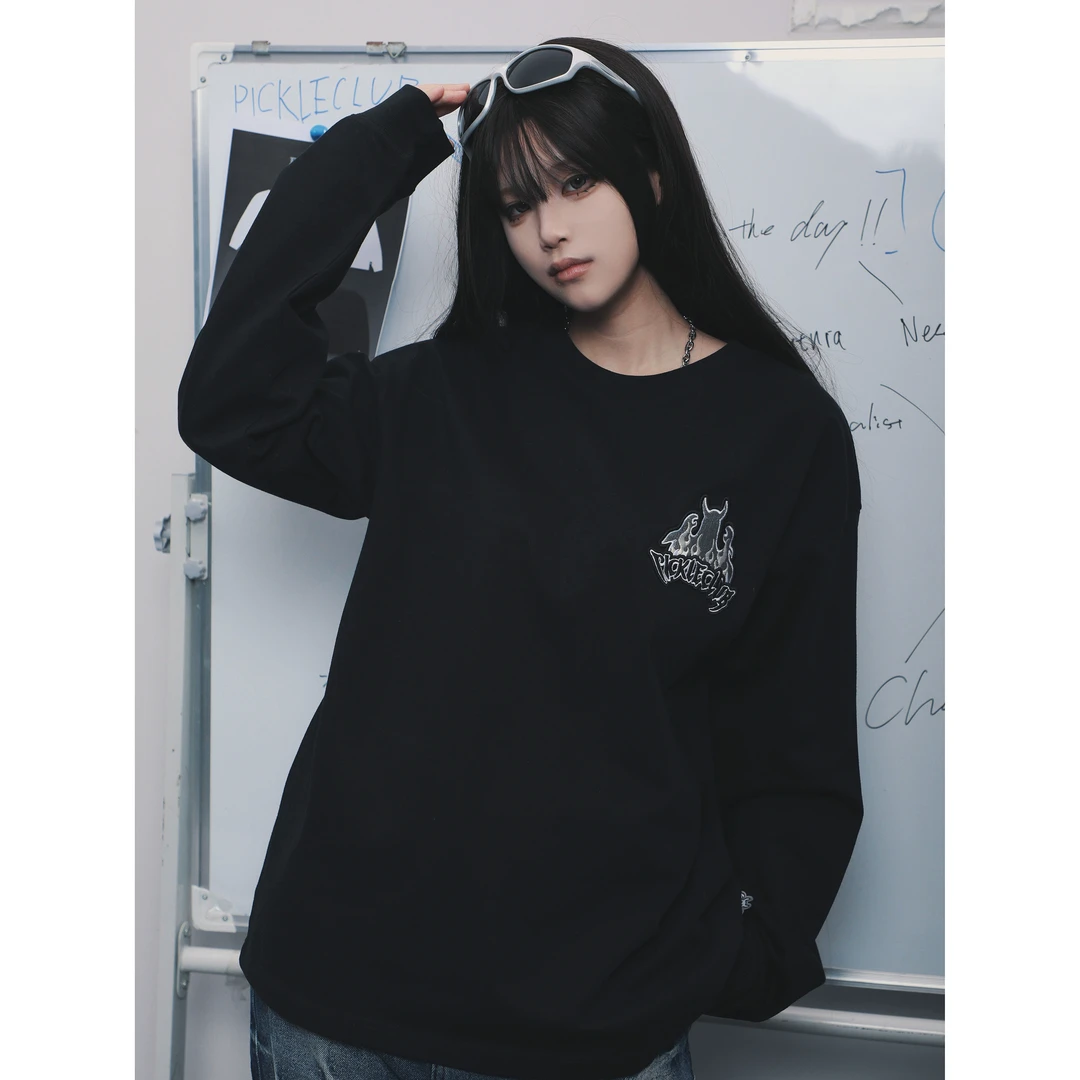 梁拌泡菜【火焰幽灵】百搭基础长袖T恤男女潮美式黑色情侣装复古