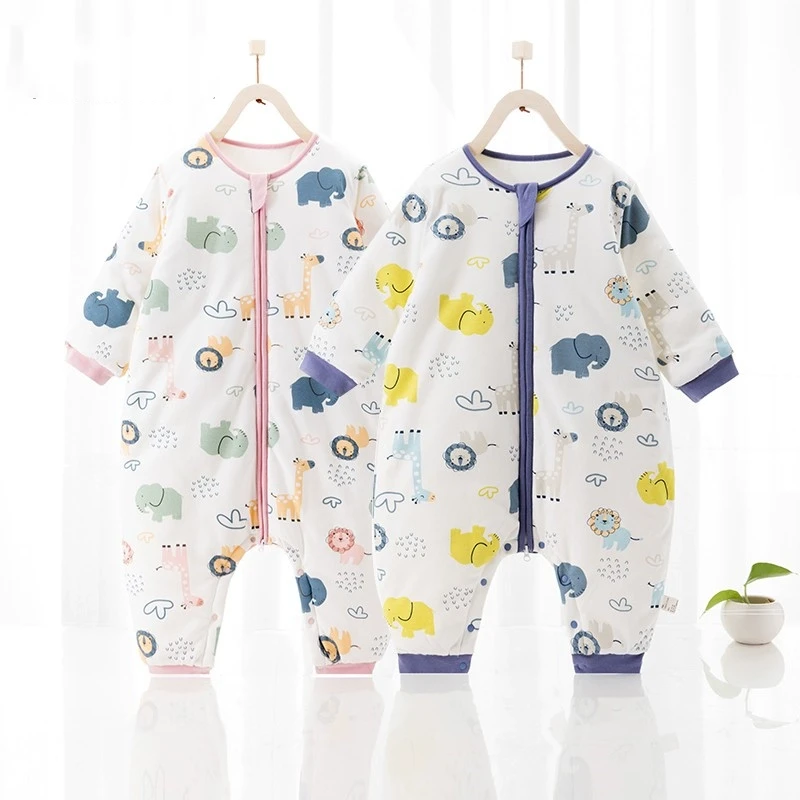 婴儿睡袋春秋夹棉宝宝连体睡衣分腿纯棉儿童四季通用新生儿防踢被