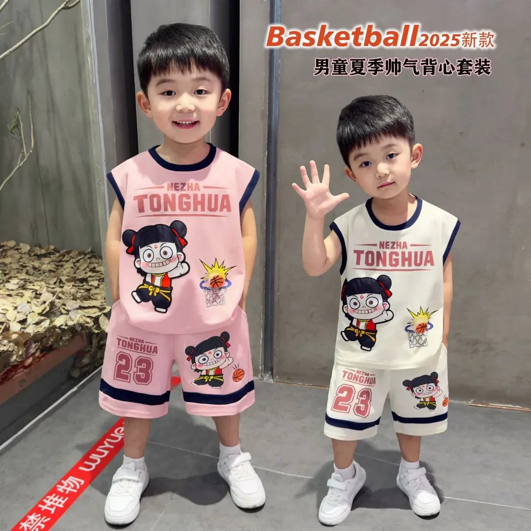 男童夏季背心套装2025新款儿童洋气小男孩时髦卡通两件套哪吒衣服