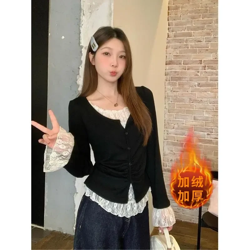 【新品直降】胖mm秋冬加厚加绒遮肉内搭上衣假两件正肩长袖T恤