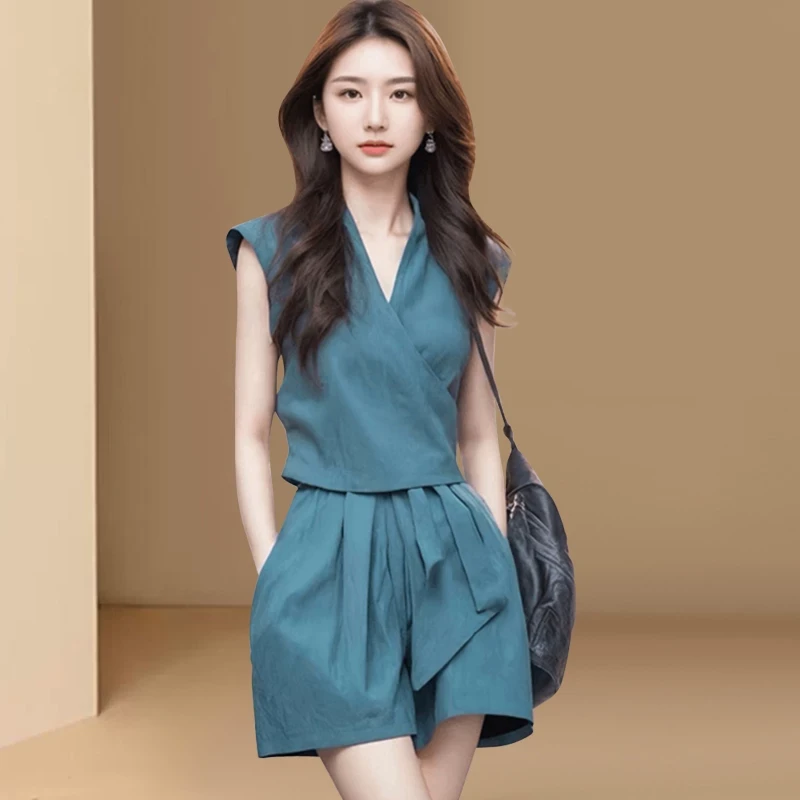 蓝色上衣短裤两件套装酷搭配一整套夏装轻熟小众不撞款2025新款