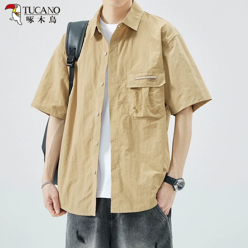 啄木鸟夏季薄款痞帅男士工装衬衣潮流百搭休闲宽松短袖衬衫外套