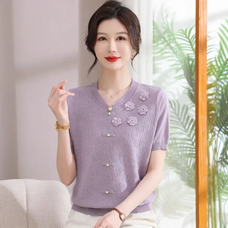 母亲节新款气质短袖衫2025中老年百搭减龄小衫宽松显瘦T桖衫薄款