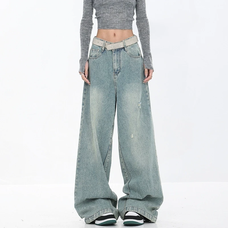 【五折福利】KEN STUDIO春季新款休闲复古牛仔裤女高腰直筒阔腿裤