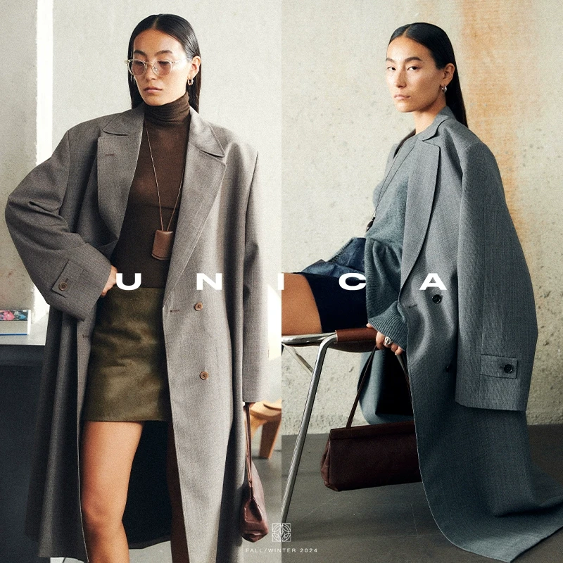 【现货8折】UNICA/R0W风_意大利进口Marzotto人字纹藏肉廓形外套
