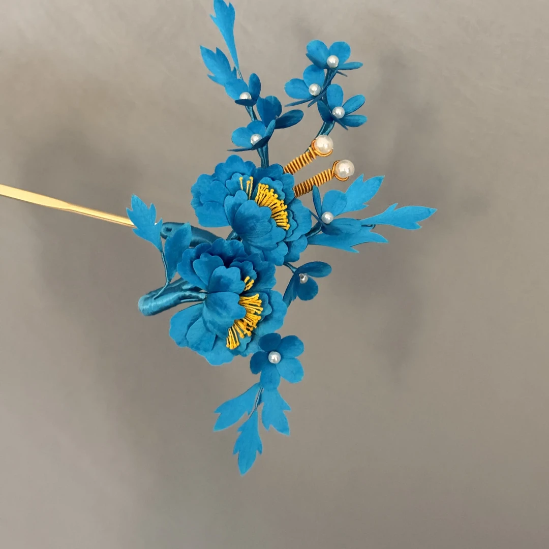 绒花点翠蓝色发簪汉服配饰古风头饰（No退No换）