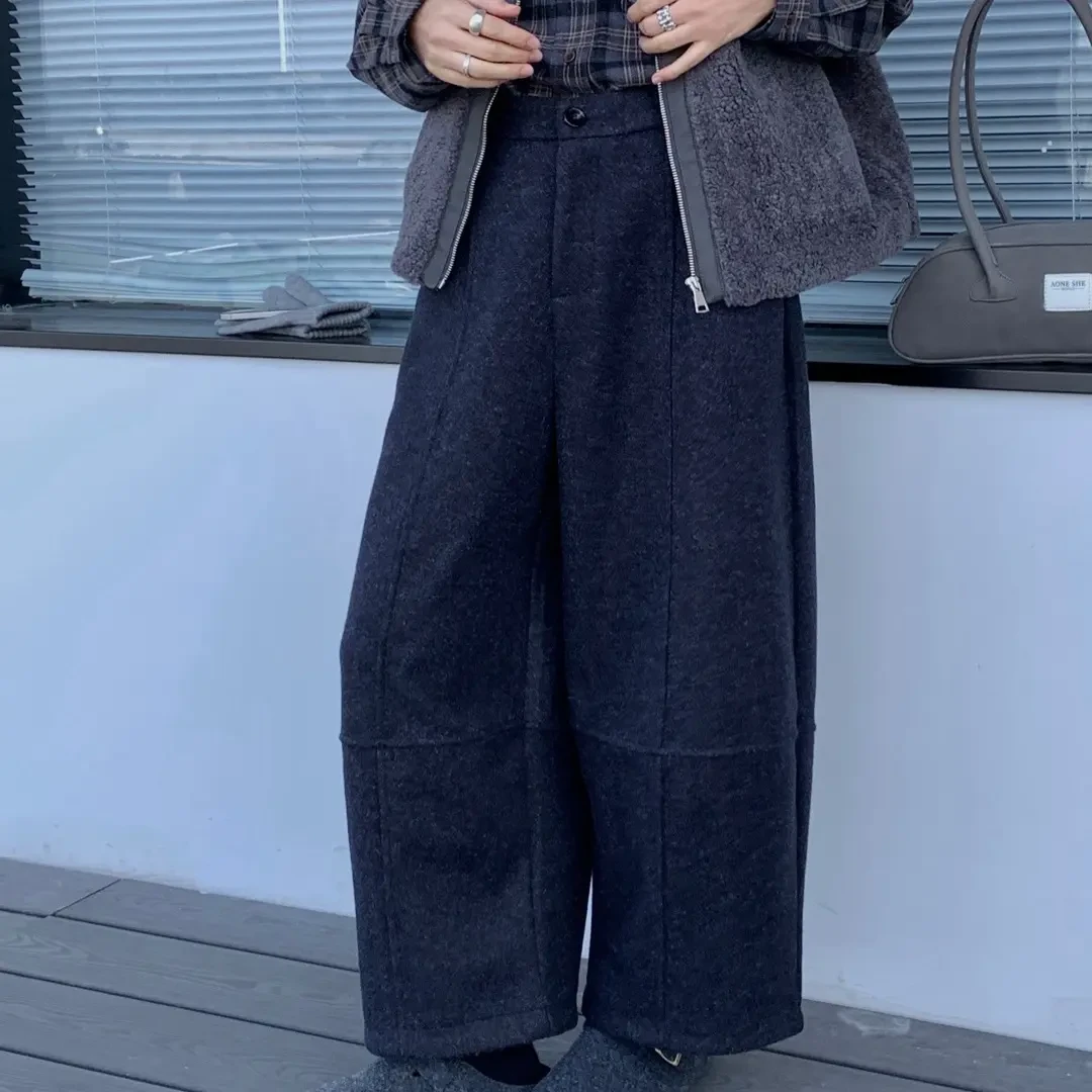2025秋冬新款文艺复古宽松高腰纯色直筒裤休闲裤加厚毛呢阔腿裤