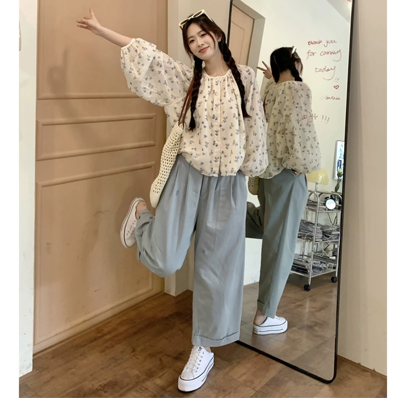 大码女装2025新款胖mm小清新碎花圆领宽松遮肉衬衫阔腿裤显瘦套装