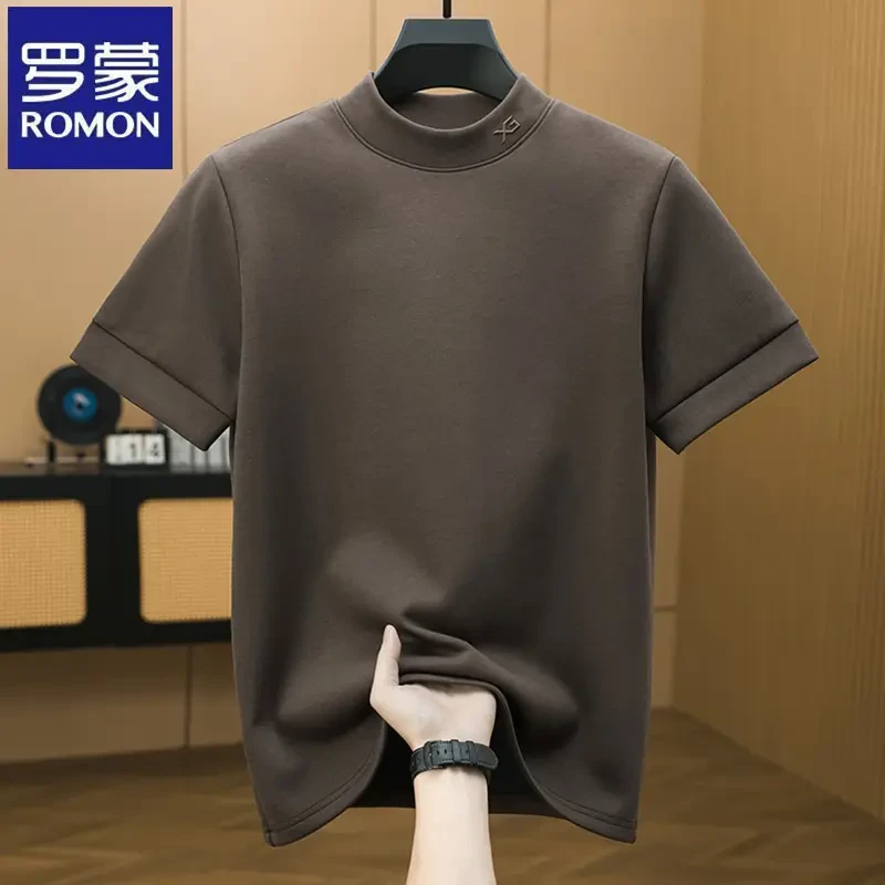 罗蒙石墨烯半高领保暖短袖打底衫内搭双面绒上衣秋冬季男士T恤潮