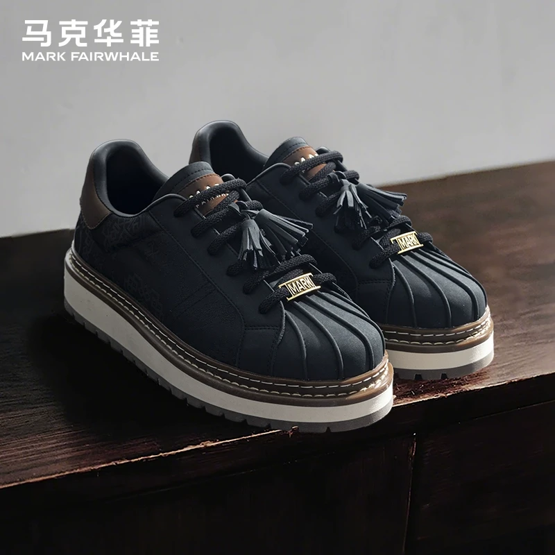 马克华菲男鞋2025新款夏季透气板鞋贝壳头麦昆鞋子黑武士增高鞋男