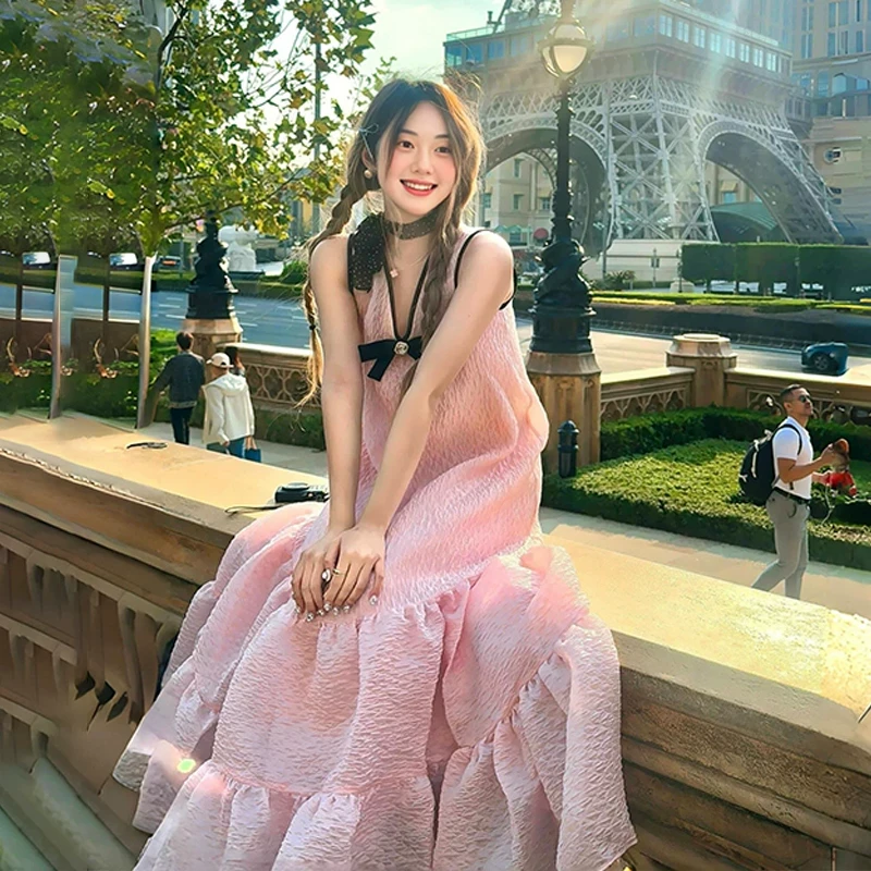 法式复古粉色沙滩裙大摆背心长裙甜美蓬蓬连衣裙女海边度假裙子