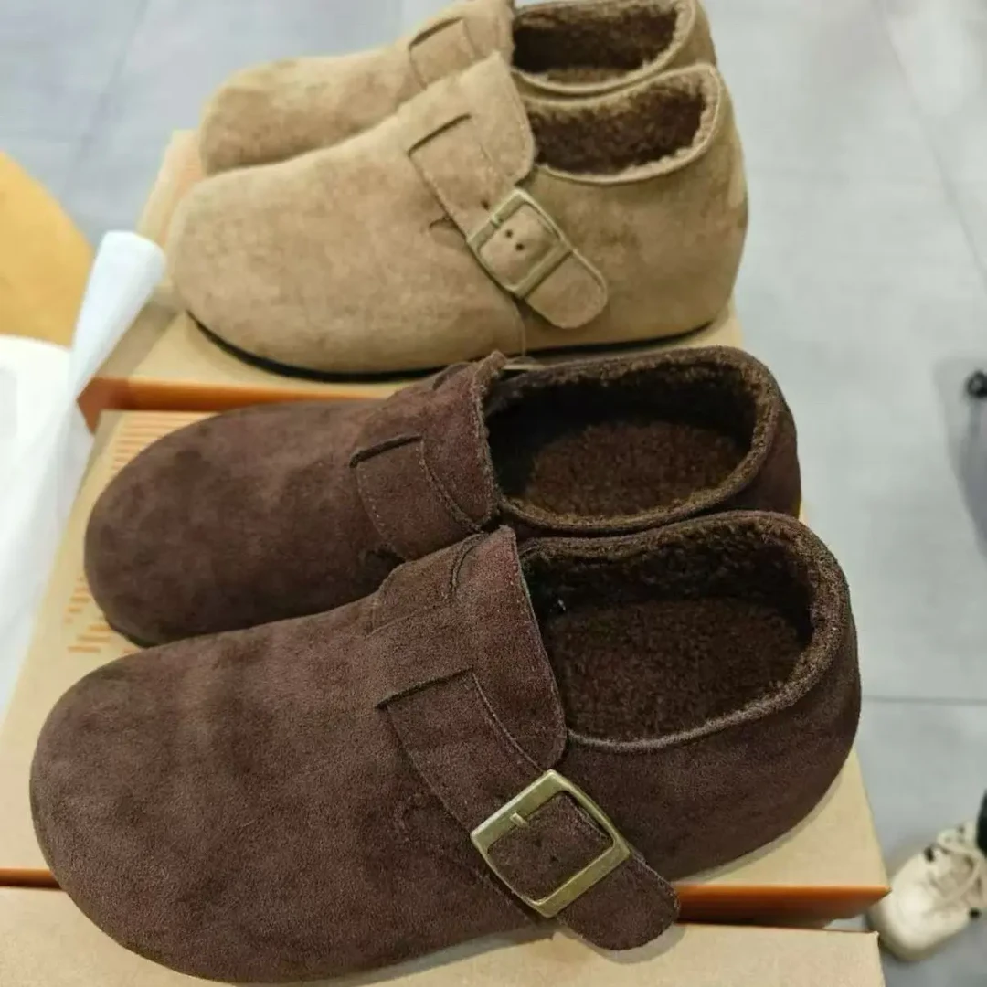 羊羔绒厚底勃肯鞋扣带复古休闲加绒保暖防滑百搭毛毛女鞋