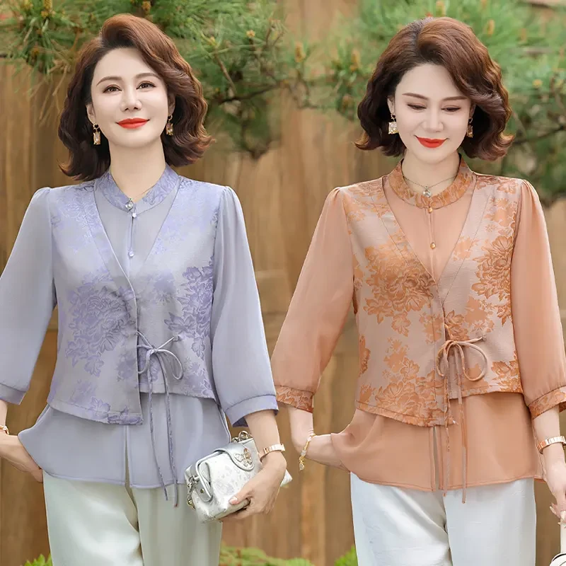时尚中年妈妈春装新中式中袖T恤上衣中老年女装夏季洋气国风小衫