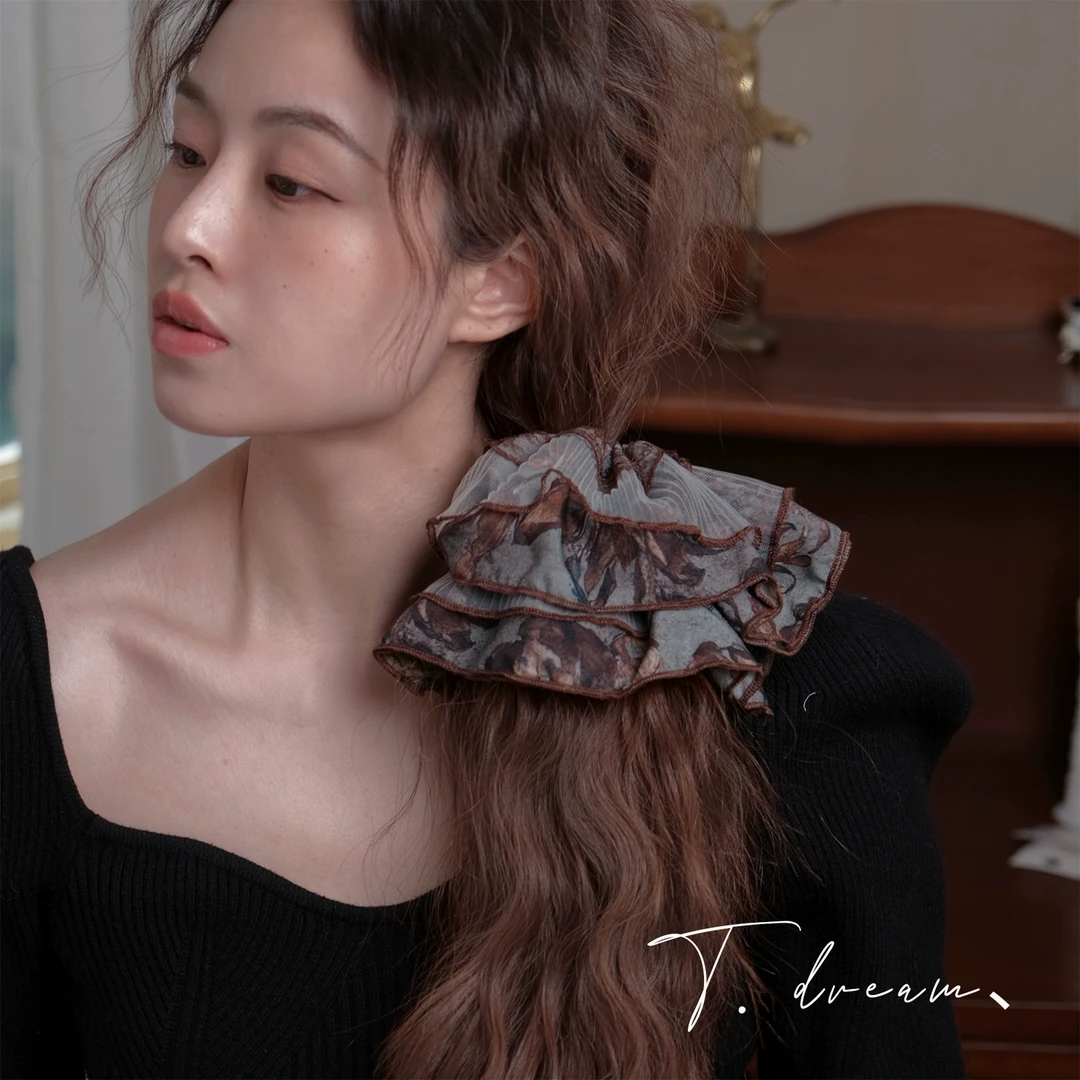 《乌兰》双层碎花薄纱发圈ins发饰女丸子头法式复古头绳头饰头花