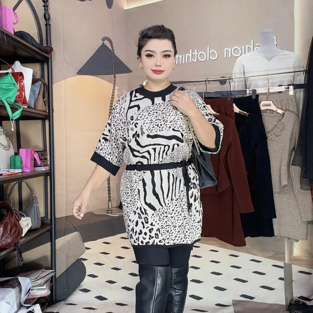 女宽松型圆领中长款印花个性秋季毛针织衫立领豹纹