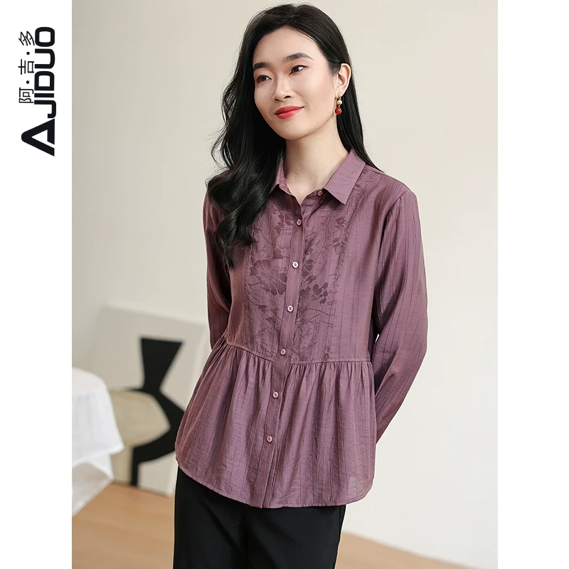 阿吉多高级长袖衬衫女新款减龄通勤百搭衬衣漂亮气质捏褶大码上衣
