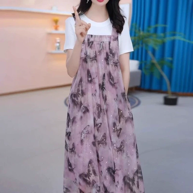 高端洋气减龄假两件中长款连衣裙女夏新款时尚宽松遮肉显瘦背带裙