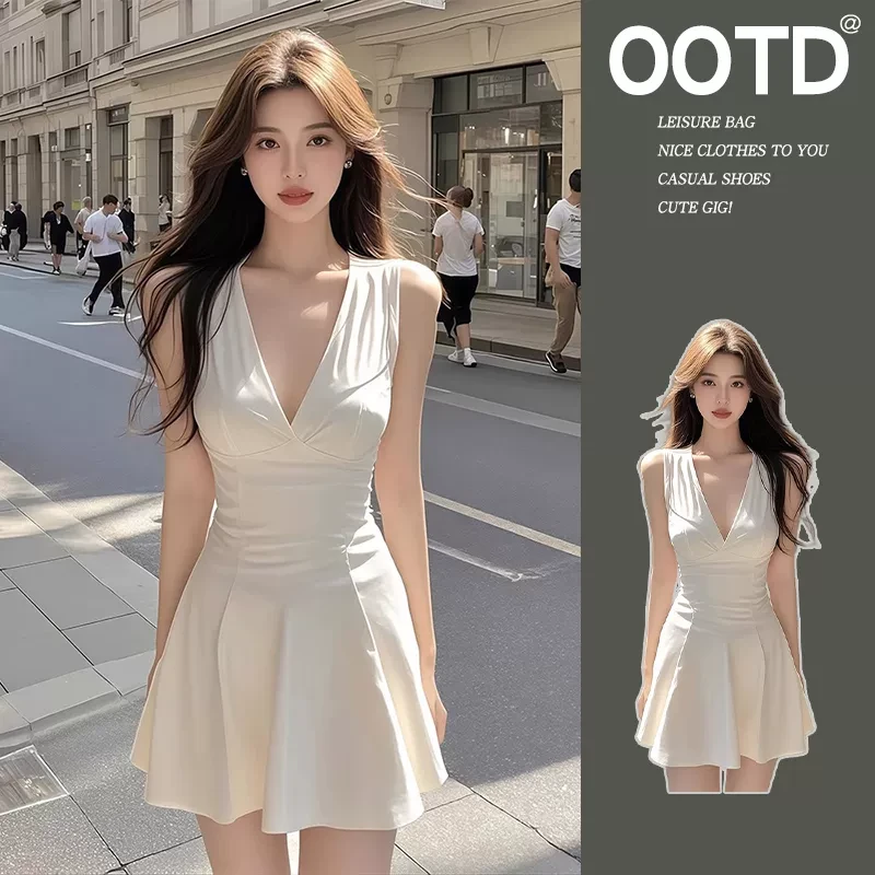 春夏季法式白色通勤深v领无袖连衣裙女设计感性感辣妹收腰a字裙子