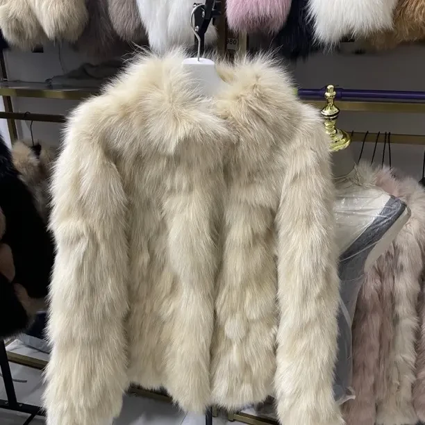 狐狸毛皮毛一体奶杏色女士皮草外套毛毛立领