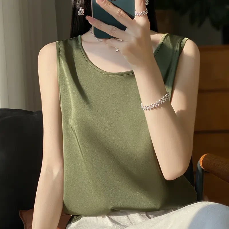 夏季缎面圆领百搭纯色吊带背心女气质薄款宽松无袖显瘦打底简约