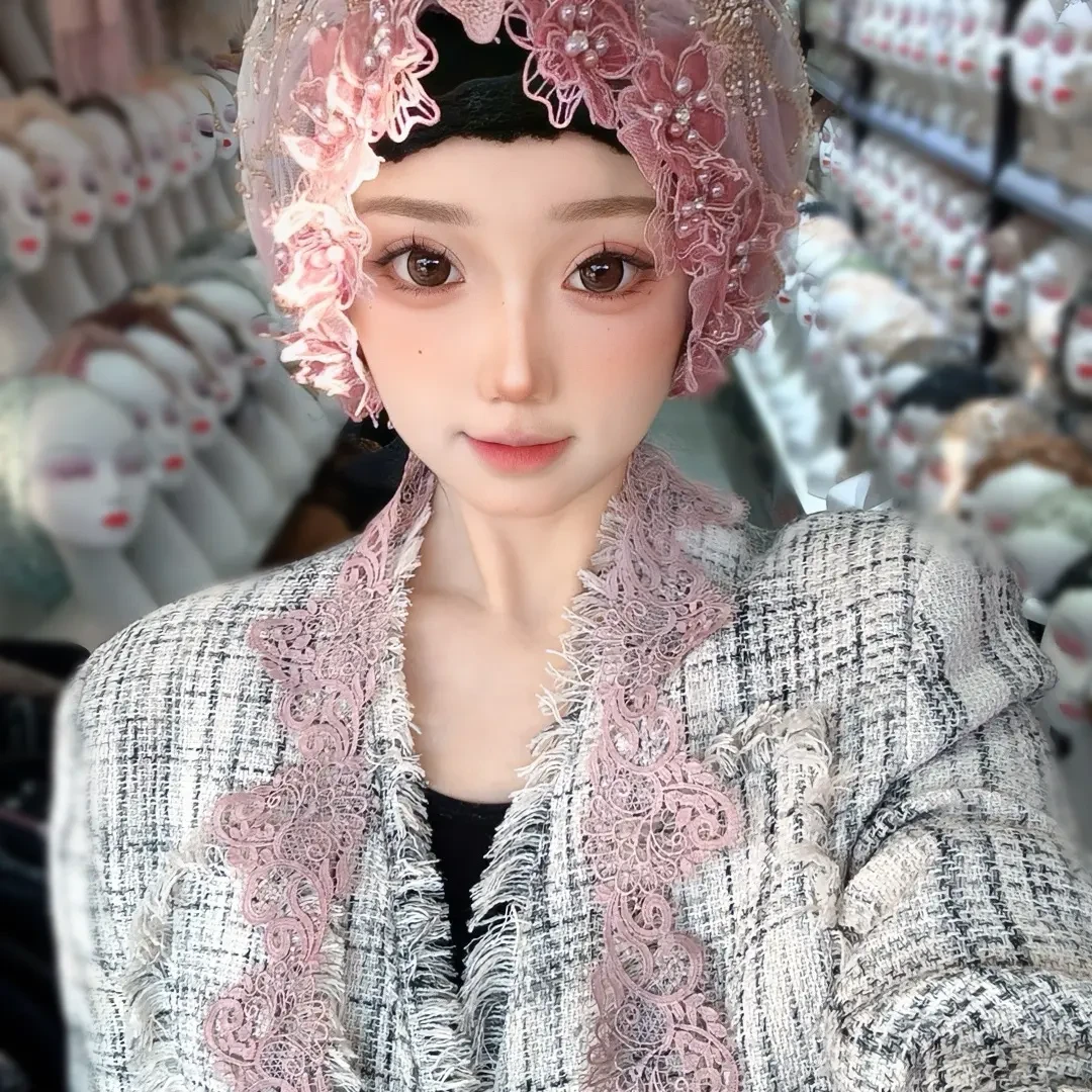 花环披肩款·双层飘带重工串珠蕾丝流苏包头帽新娘复古气质百搭