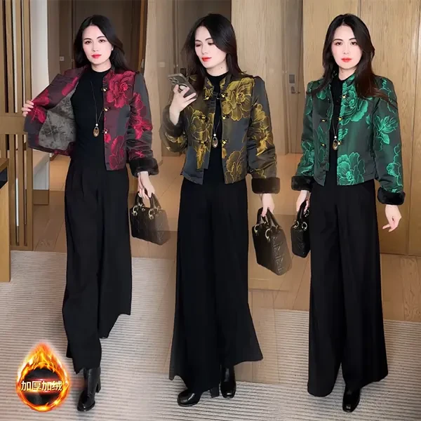 2025秋冬新款新中式穿搭时尚气质洋气国风提花夹棉加绒短外套113