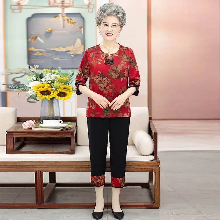 F558老年人宽松口袋中年圆领宽松型薄款休闲中老年女装衬衫