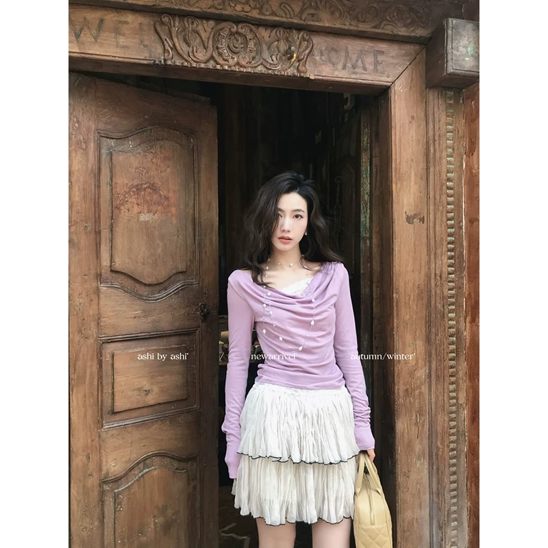 大于诗集 仅仙女可见 法式蕾丝针织衫女荡领打底衫假两件纯欲上衣