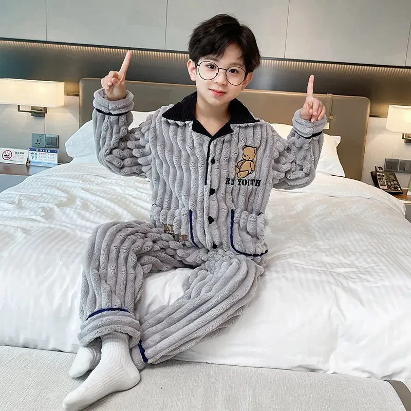 男童睡衣秋冬新款珊瑚绒家居服儿童男孩加绒中大童加厚法兰绒套装