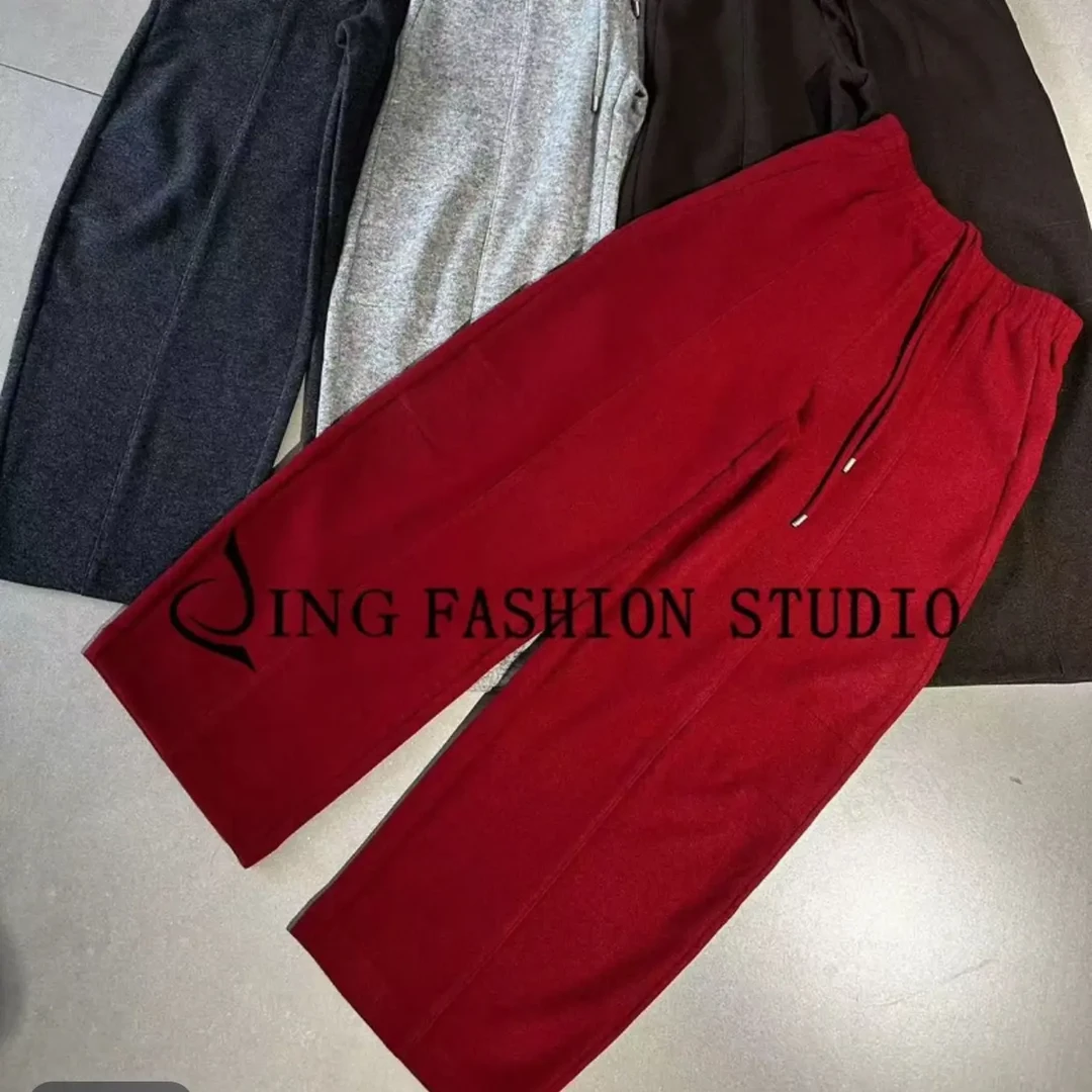 JING2025冬季新款59130抽绳高腰直筒裤宽松休闲长裤拉绒保暖女裤