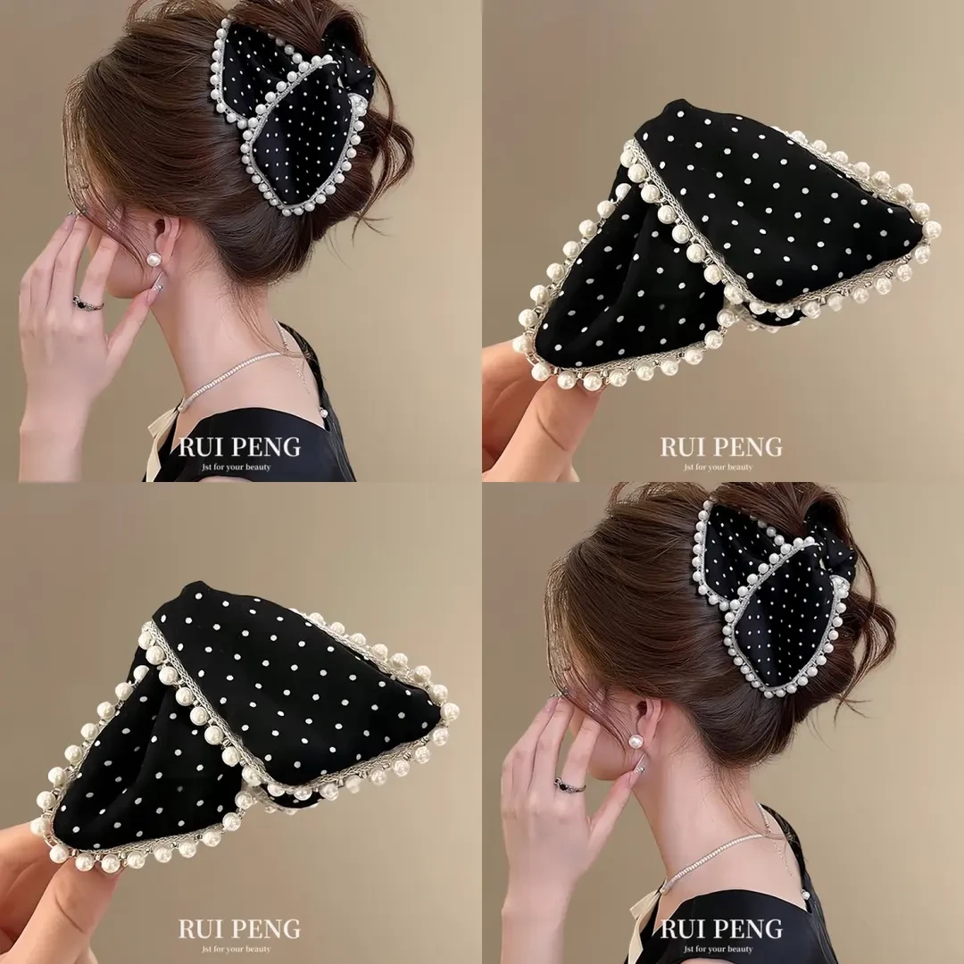 珍珠波点黑色三角头发抓夹女高级感2025新款盘发夹子后脑勺鲨鱼夹