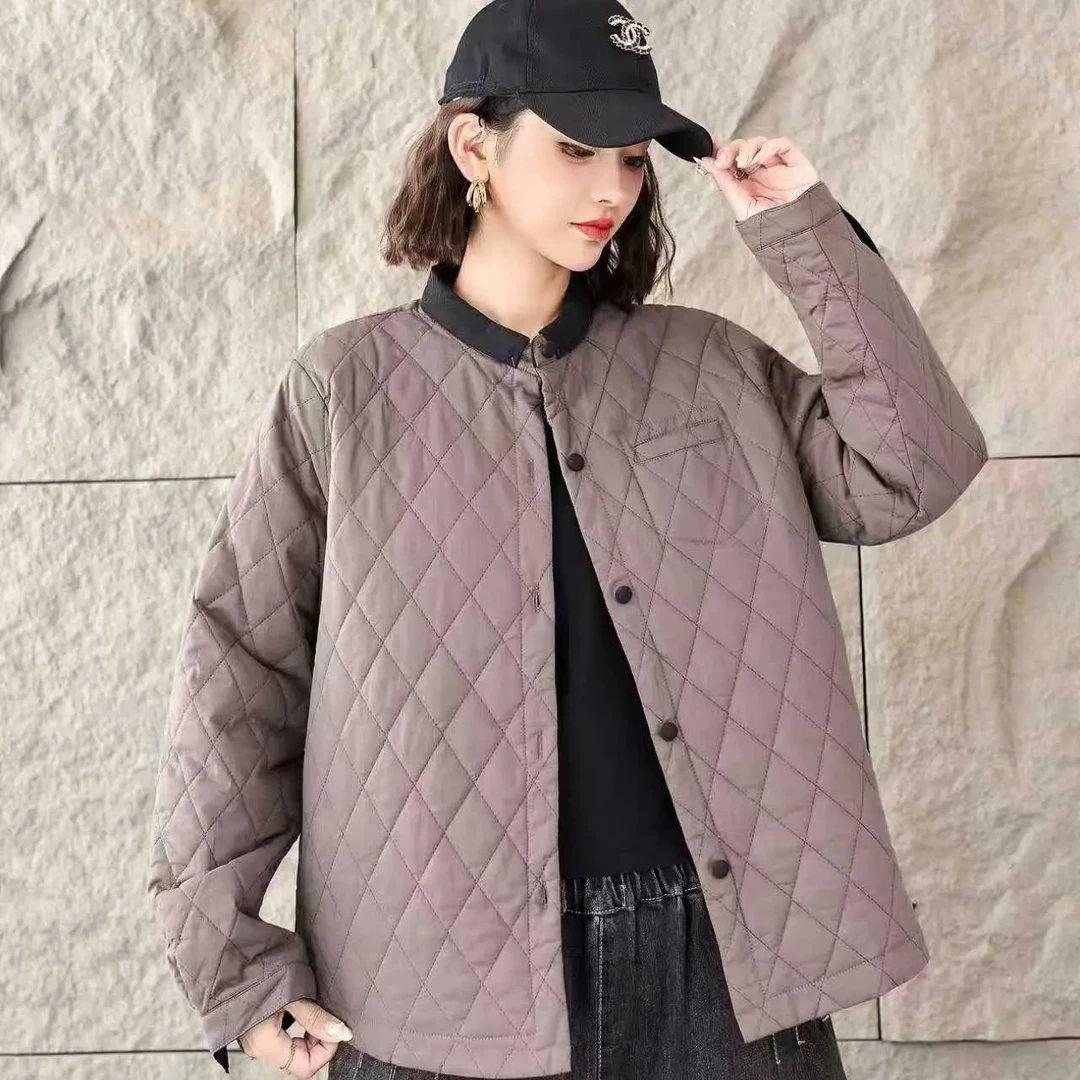 2025新款小立领口撞色文艺休闲菱形格纹立领棉服外套女时尚秋冬款