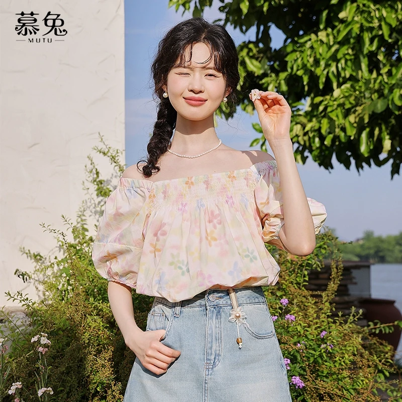 慕兔法式温柔碎花短袖衬衫女2025夏季新款宽松设计感小众方领上衣