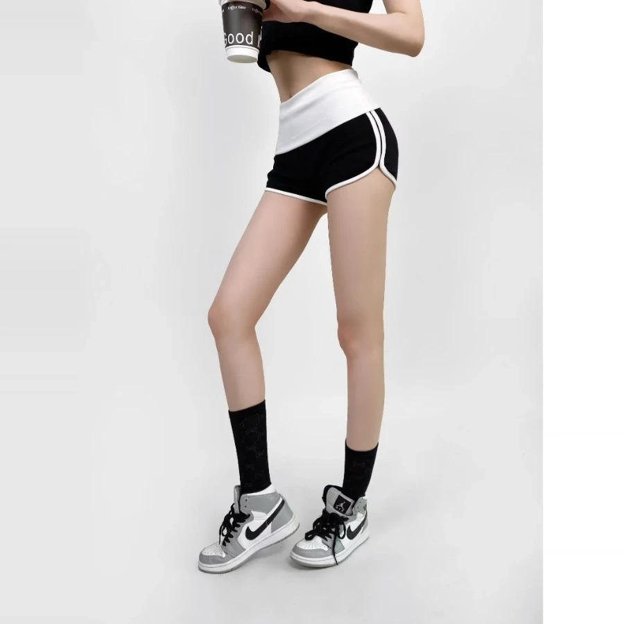 短裤拼色双层翻腰设计撞色包边运动女舒适百搭包臀辣妹低腰热裤