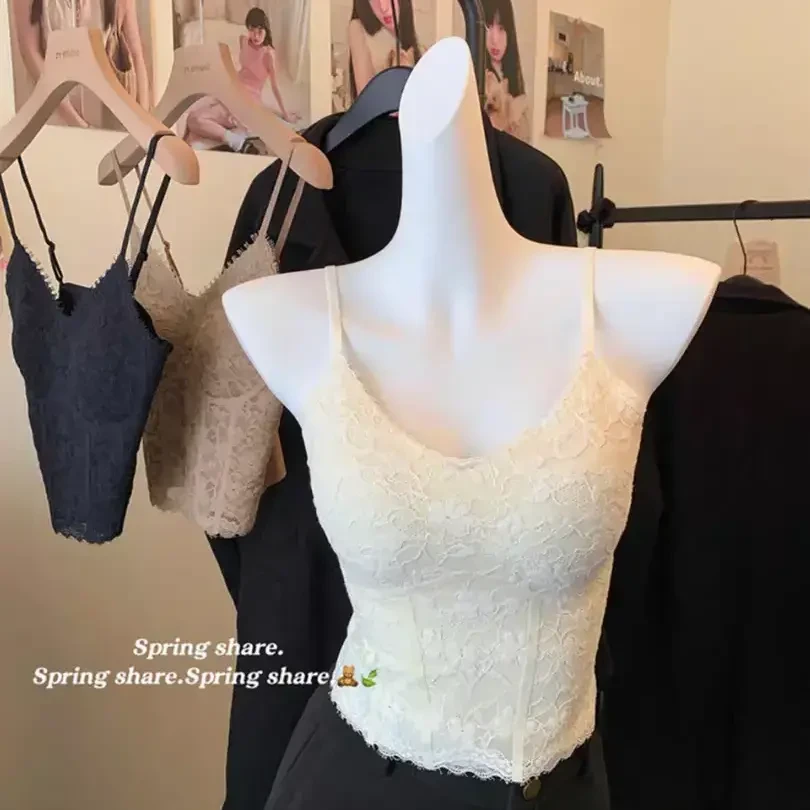纯欲复古蕾丝小吊带背心女一体带胸垫内搭美背通勤打底2025早秋款