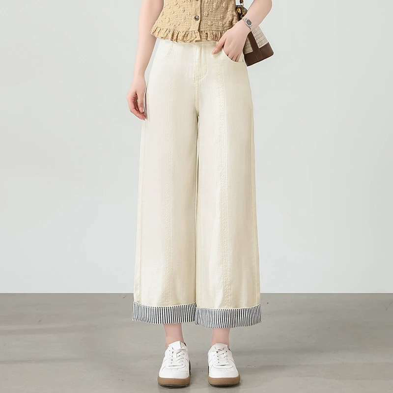 梨形身材复古卷边直筒休闲裤女夏季小个子宽松天丝亚麻九分阔腿裤