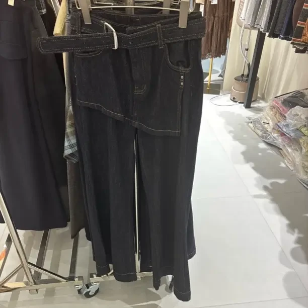 秋季高腰设计感假两件阔腿牛仔裤女