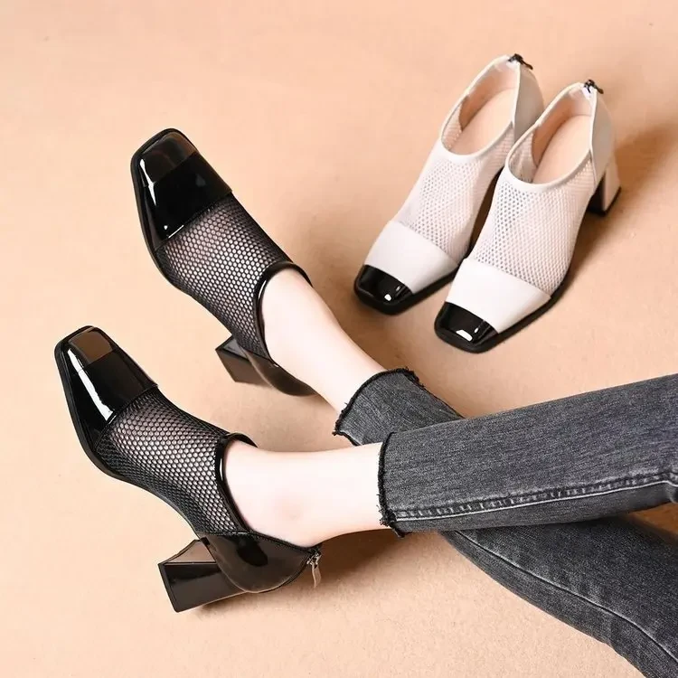 罗马凉鞋女年春夏季新款气质尖头粗跟网纱高跟鞋透气网靴