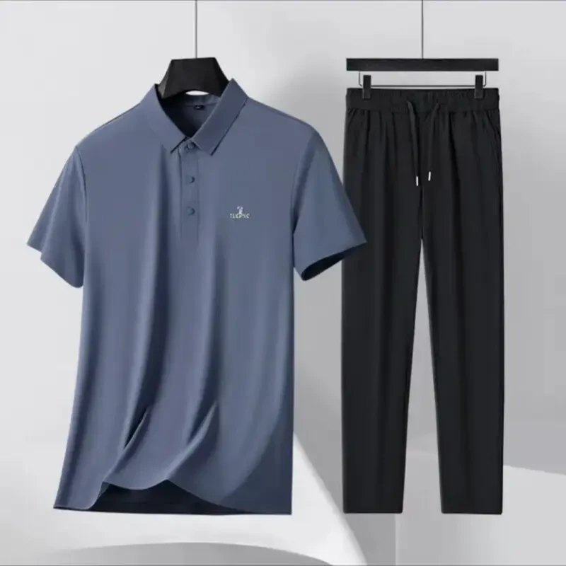 啄木鸟中老年休闲短袖POLO衫冰丝套装爸爸装冰丝裤父亲节礼物