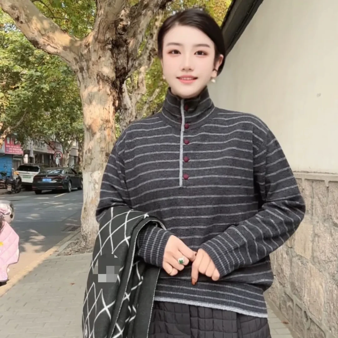 针织百搭条纹休闲长袖毛针织衫高领立领落肩袖秋冬