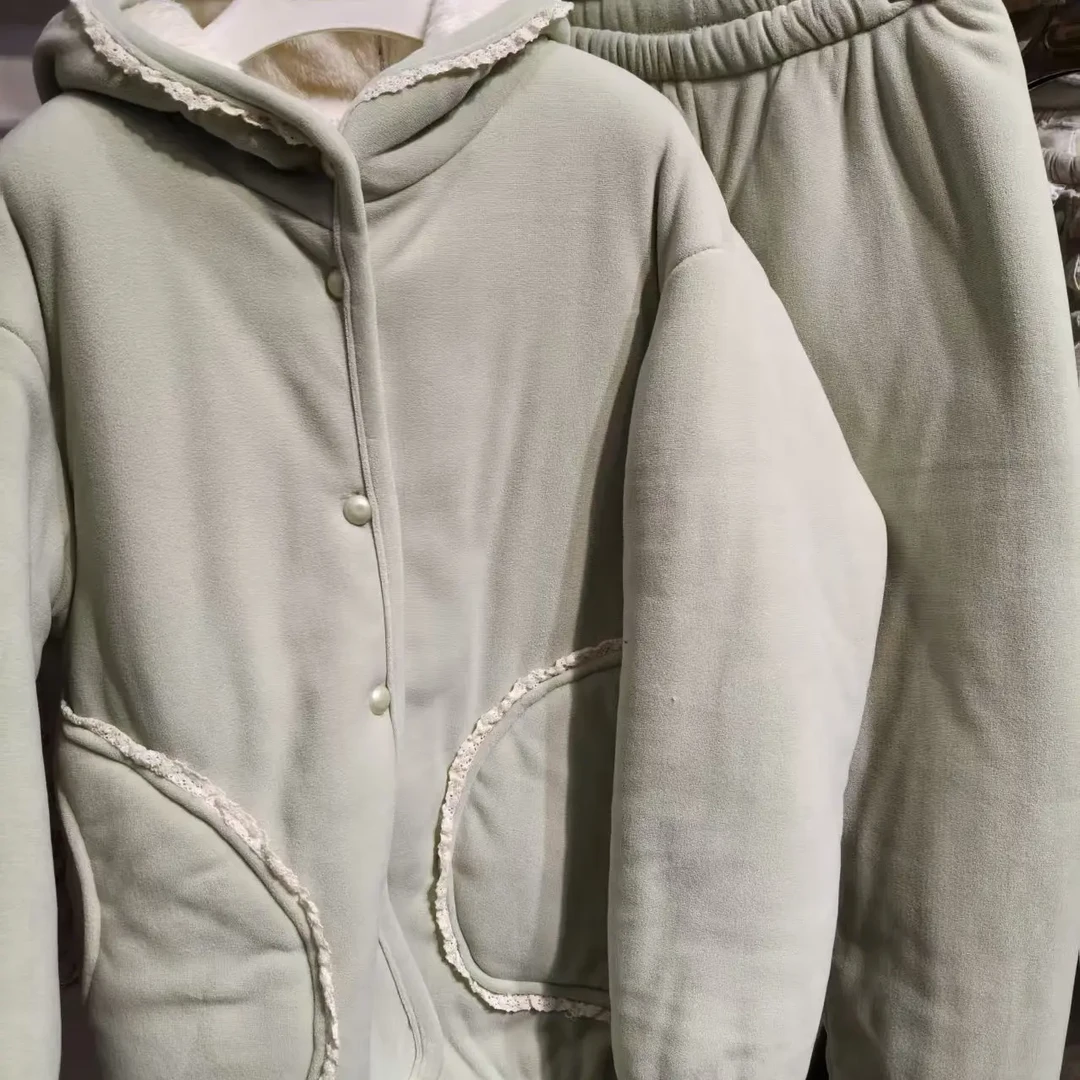三层夹棉加厚连帽冬季可外穿保暖家居服套装