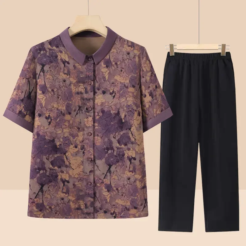 妈妈夏季衬衣老人衣服奶奶装夏季短袖衬衫老年女装老太太翻领上衣