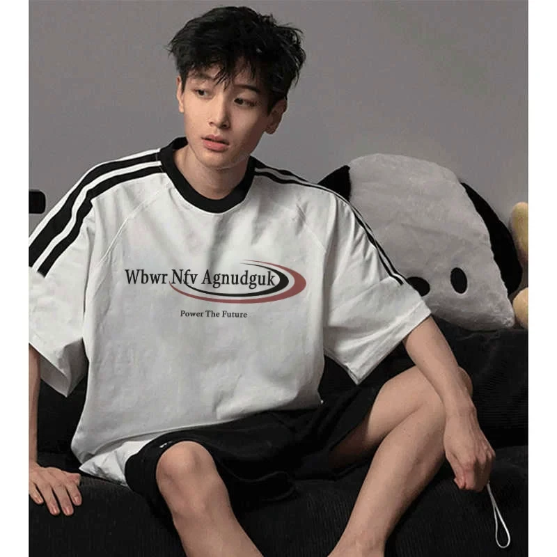 欧美式高街字母印花三条杠白色上衣春夏季男小众百搭纯棉短袖T恤