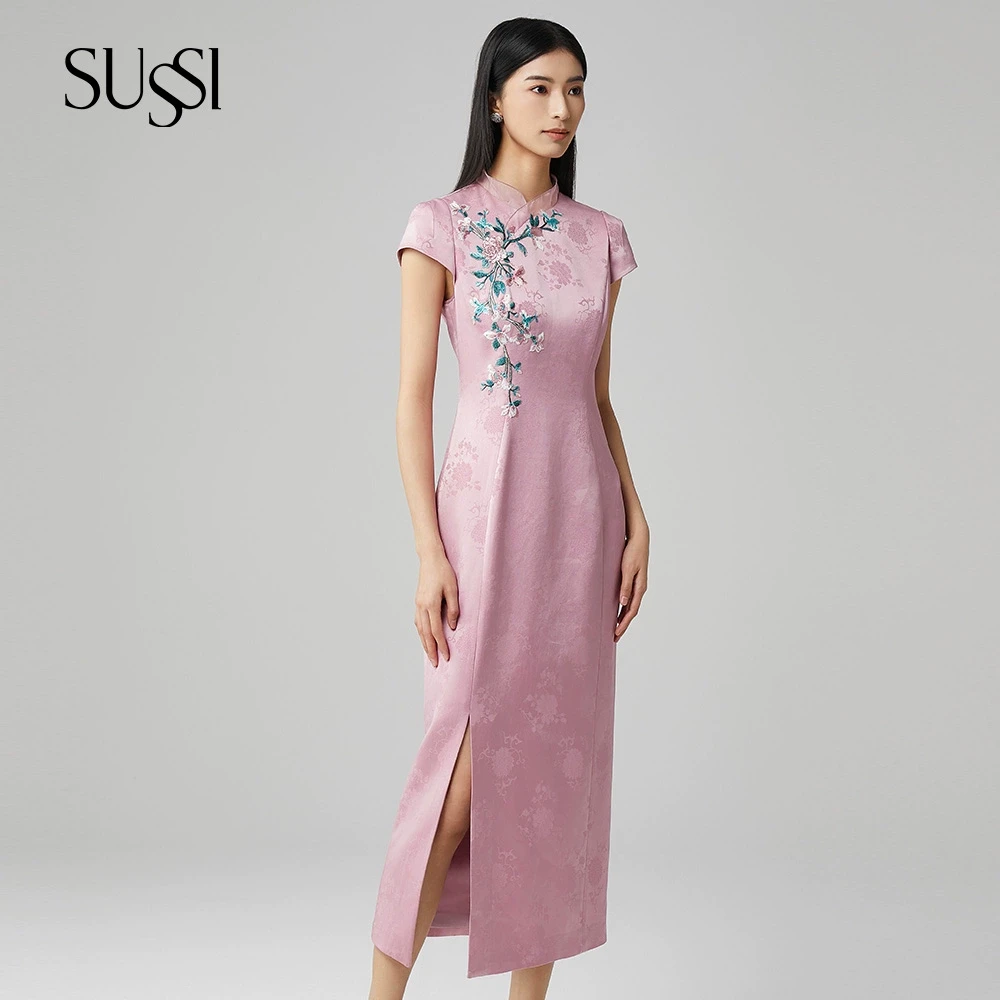 SUSSI/古色25春夏商场同款粉色立领刺绣新中式旗袍连衣裙女