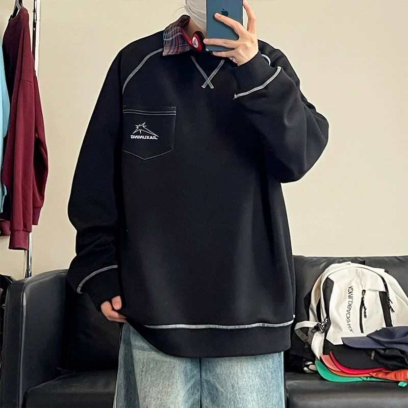 圆领卫衣男生春季撞色线圆领印花百搭潮流休闲情侣卫衣外套